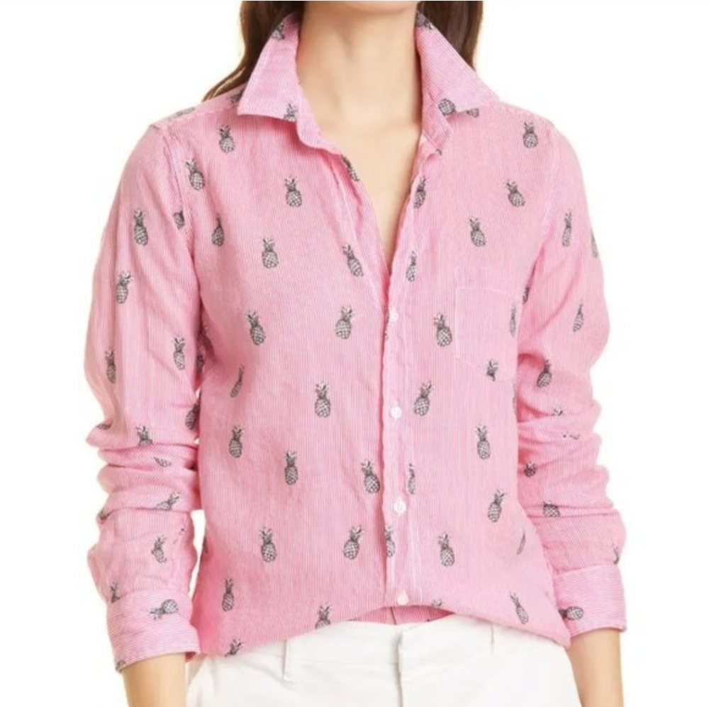 Frank & Eileen Barry Pink & Pineapple Print Button Down Linen Shirt Size: M